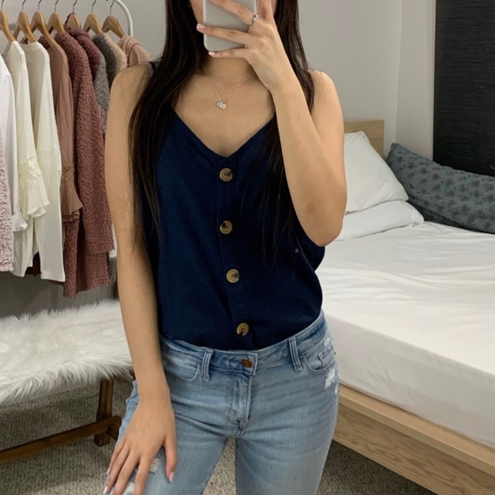 💝Navy Blue Linen Button Tank Top💝 - Picture 4 of 4